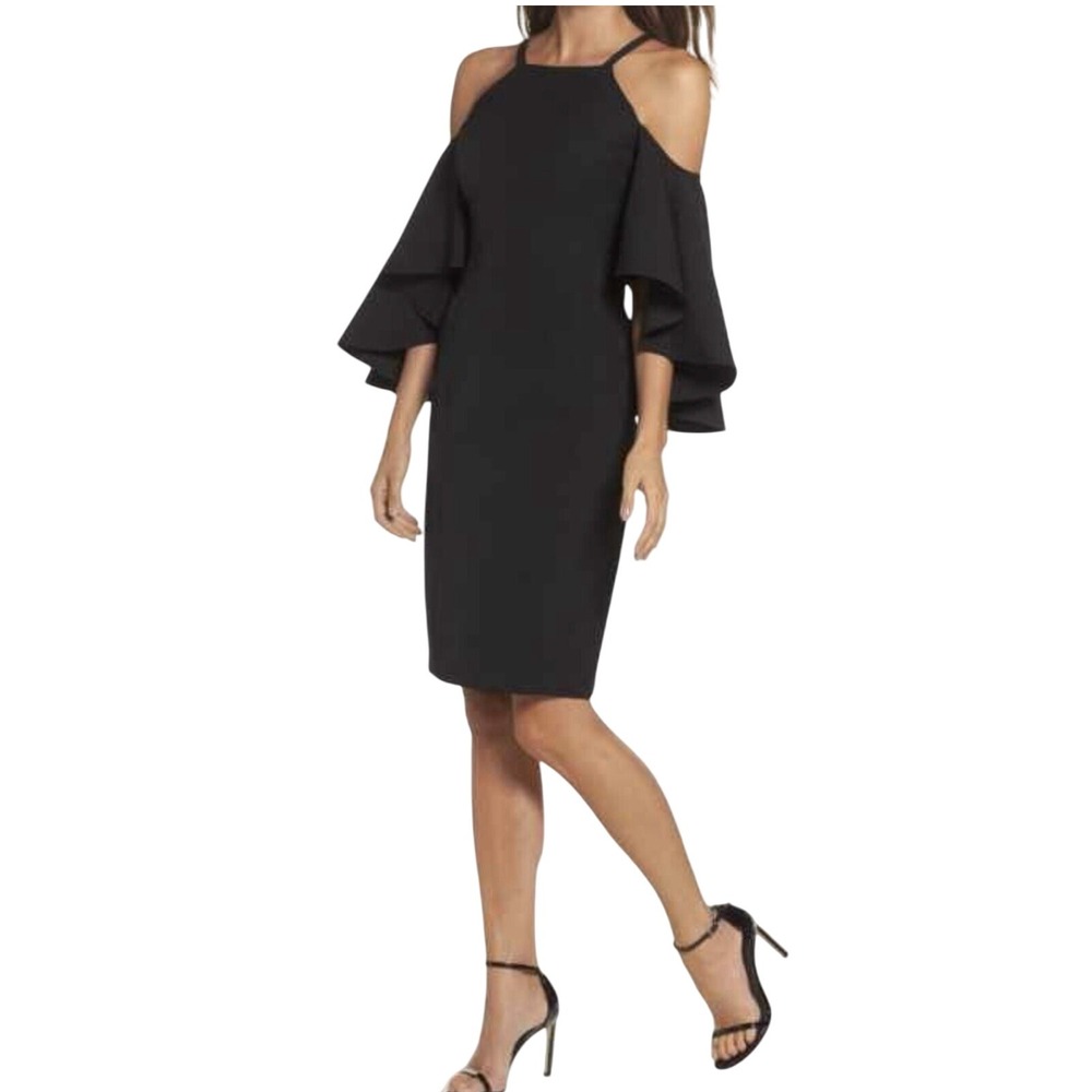 Lauren Ralph‎ Lauren Black Cold Shoulder Flutter Sleeve Sheath Dress Size 2